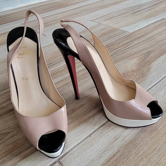 Christian Louboutin Nude/White/Black Patent Leather Lady Peep Slingback 150mm - Picture 2 of 15